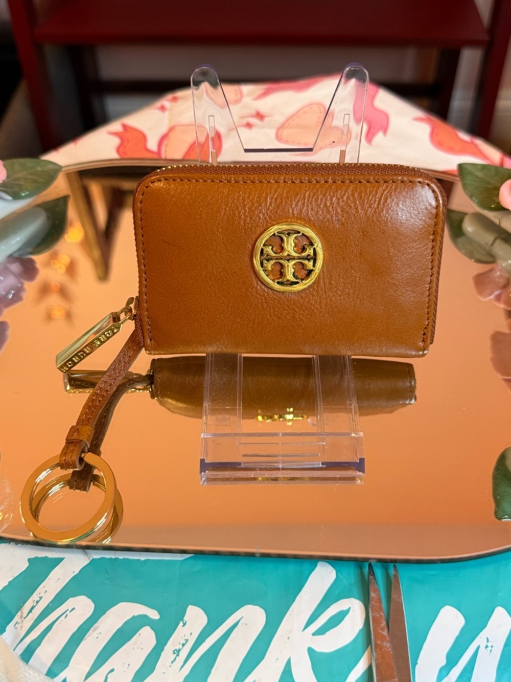 Tory Burch Tan Leather Zip Card Case Keyring with Gold Logo